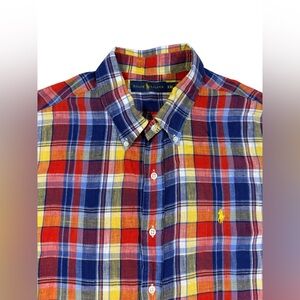 Ralph Lauren XXL Button Down Shirt 100% Linen Plaid Short Sleeve Preppy Classic